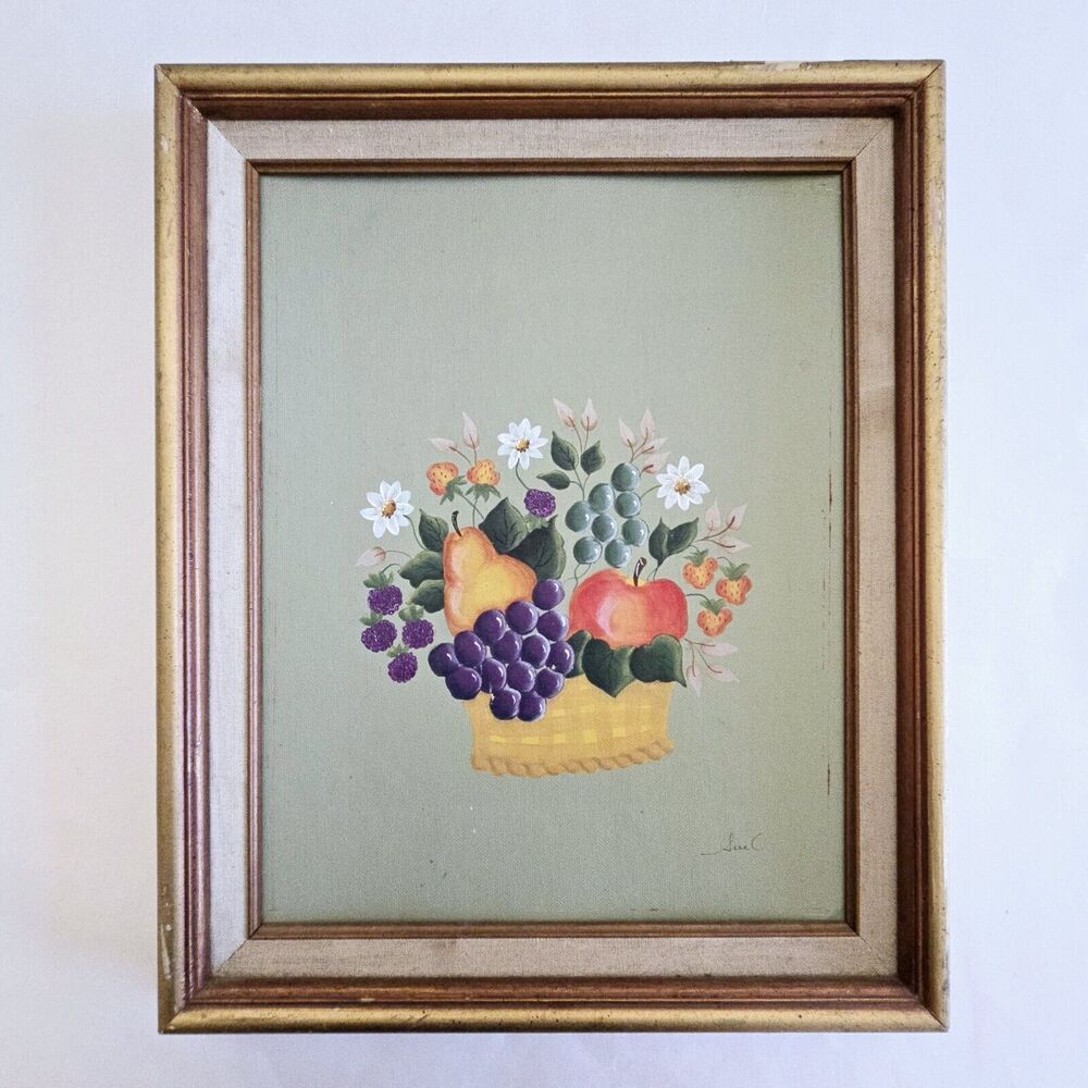 Vintage Painting Original Art Fruit Floral Colorful Cottage Farmhouse Signed 16"